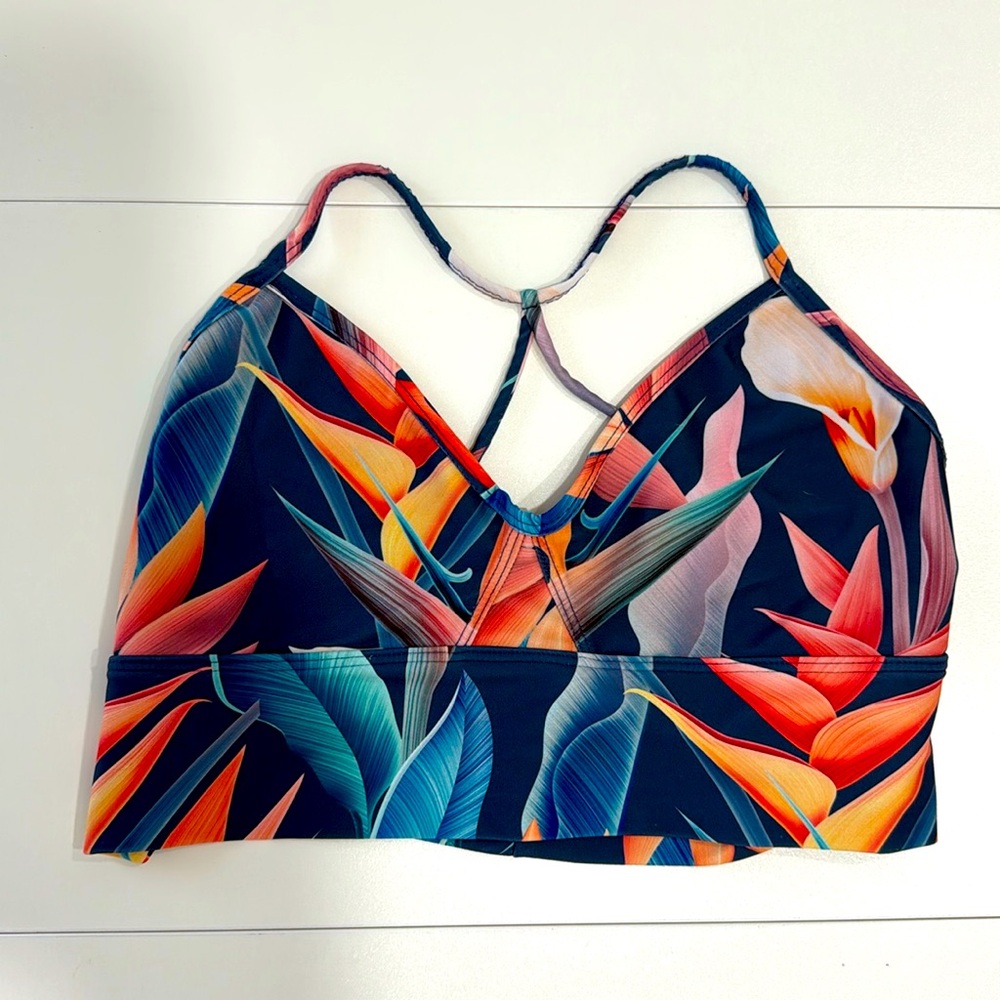 Boutine LA Tropical Floral Racerback Sports Bra in Navy, Teal & Orange